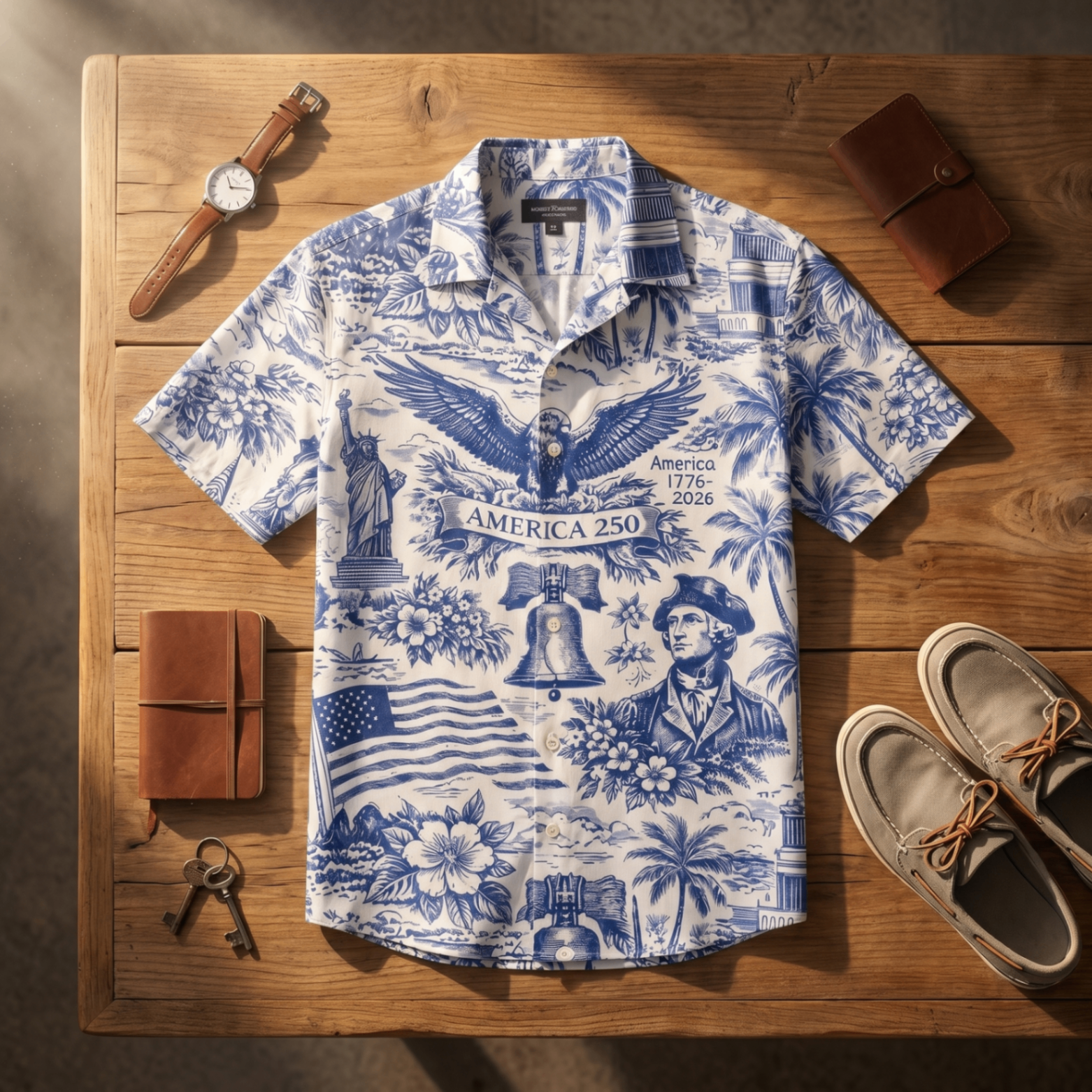 America 250 Button-Down: blue toile-print short-sleeve shirt with eagle, Liberty Bell, Statue of Liberty, and 1776–2026 detailing, flat lay on a wooden surface with a watch, wallet, journal, and boat shoes