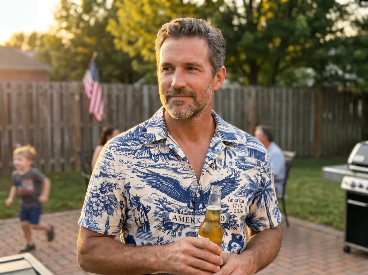 Man in his 40s wearing the America 250 blue toile-print button-down at a backyard cookout, holding a beer, golden hour lighting