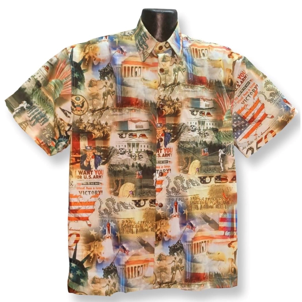 High Seas Trading Co. Patriotic Hawaiian Button-Down: short-sleeve shirt with all-over Americana print featuring Mount Rushmore, the Capitol, Uncle Sam, and US flags