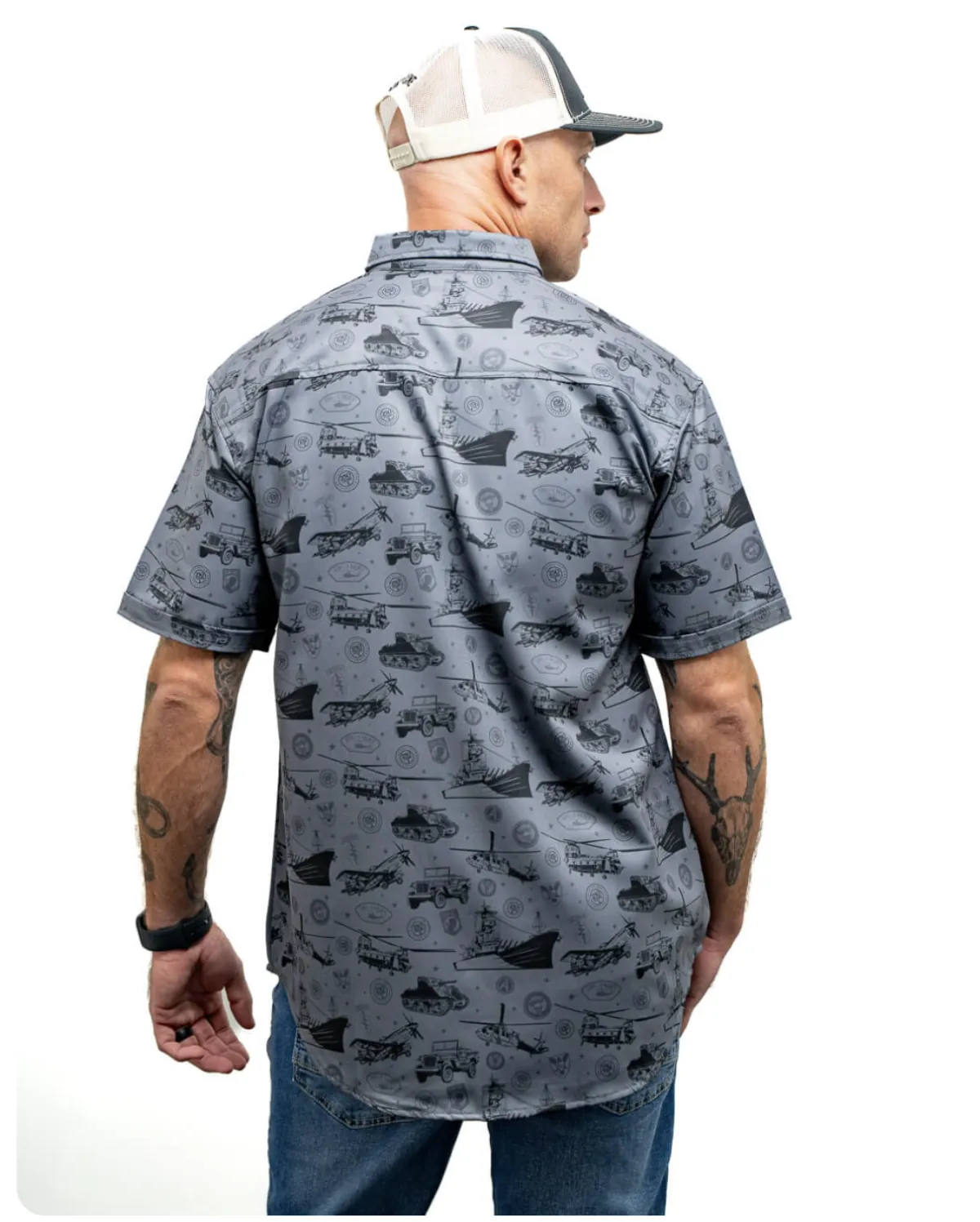 Nine Line Patriotic Button-Down: gray short-sleeve shirt with all-over military vehicle and insignia print, modeled from the back