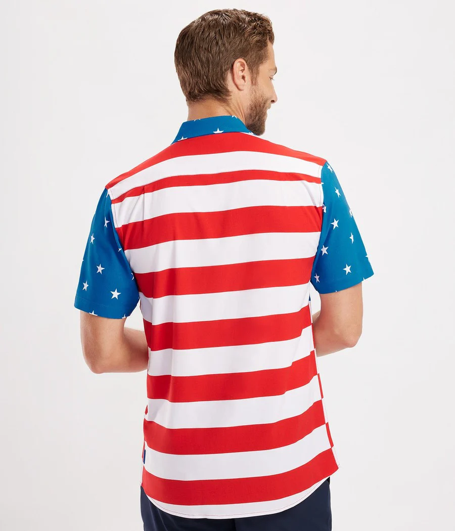 Tipsy Elves USA Patriotic Button-Down: short-sleeve shirt with American flag pattern — red and white stripes on the body and blue with white stars on the sleeves and collar, modeled from the back